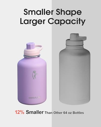 Image of Coolflask 64 oz Water Bottle Insulated with PU Leather Sleeve & 3 Lids