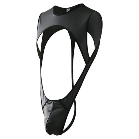 Linjinx Men's Stretch Bodysuit Suspender Bulge Pouch Thongs High Cut Hollow Out Harness Jumpsuits Type C Black S/M Cover