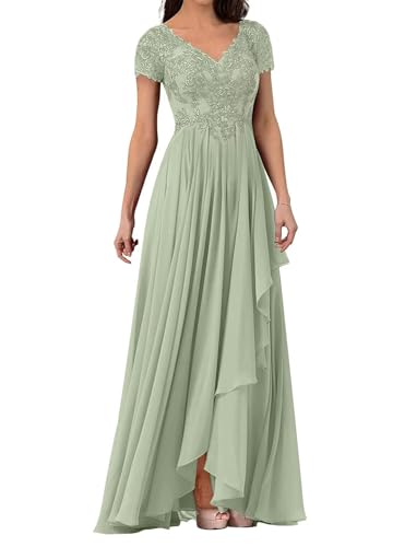 V Neck Lace Applique Long Mother of The Bride Wedding Dresses Women's Cap Sleeve Chiffon Formal Party Dress4