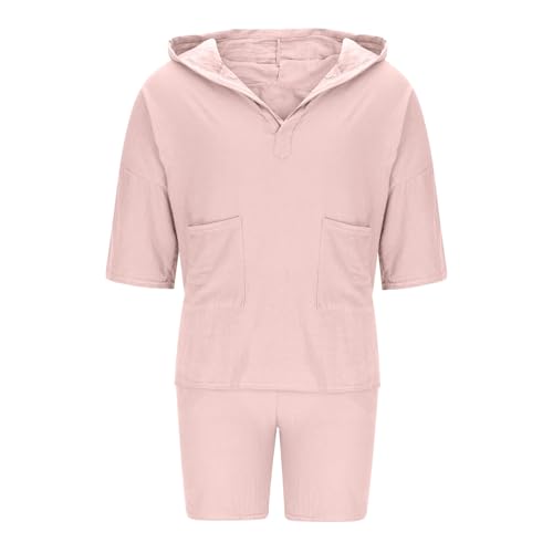Xiaojmake 2 Piece Men Summer Sets Cotton Linen 3/4 Sleeves Hooded Top and Drawstring Shorts Pajamas Set Comfy Beach Outfits3