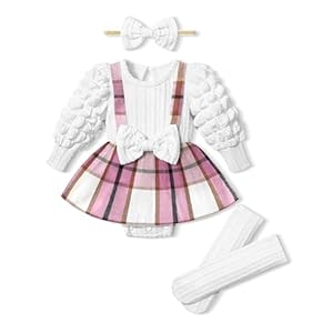 Queenstyle Baby Girl Clothes Dress Fall Winter Outfits Set Puff Sleeve Plaid Romper with Headband Stockings