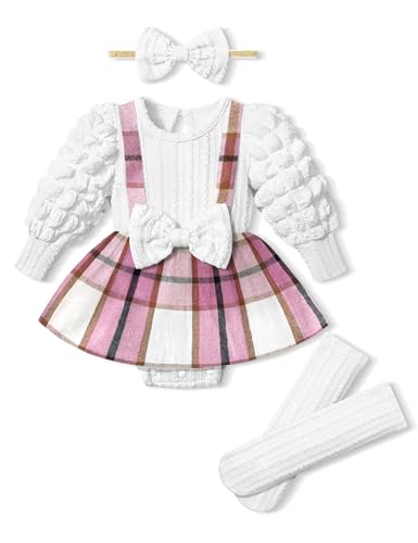 Queenstyle Baby Girl Clothes Dress Fall Winter Outfits Set Puff Sleeve Plaid Romper with Headband Stockings