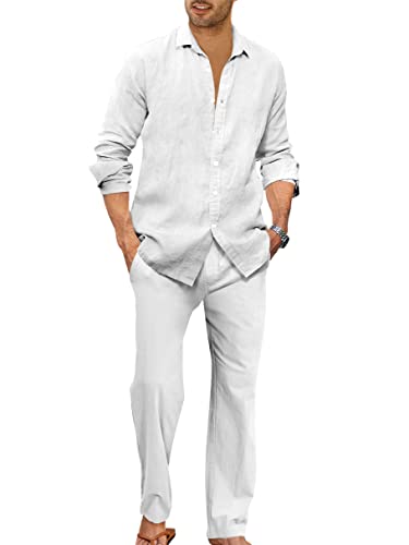 Ryannology Men 2 Piece Linen Set Outfits Drawstring Long Pants Button Down Roll Up Sleeve Shirts Beach Wedding Suit Sets