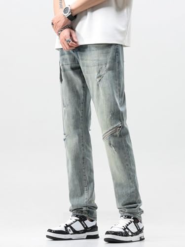 Jeans Pants Trousers Denim Summer Washed Distressed Embroidered Zipper High Street Slim Fit Men's Long3