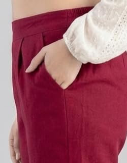 Image of Solid Cotton Woman Trousers Pants Regular Fit Kurti Pant with Drawstring Daily Office Formal Casual Use