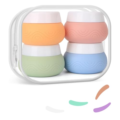 Image of Lyrovo 30ml Silicone Travel Containers for Toiletries, Set of 4 - BPA-Free Leakproof Refillable Cosmetic Jars with Clear Bag, Name Stickers, and Scoops for Face, Hand & Body Creams (Pastel)