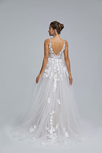 Image of Spaghetti Chiffon Beach Wedding Dress V Neck A line Bridal Gowns Lace Plus Size Wedding Dress