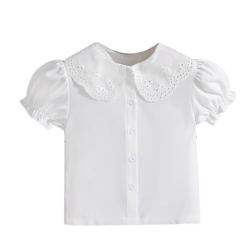 Girls T Shirts with Puffle Sleeve Casual Cute Blouse Summer Crewneck Button T Shirt Tops Aged 3-8 Years