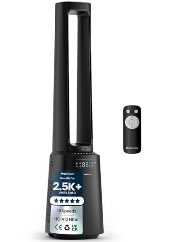 Pro Breeze® OmniAir 41 Bladeless Tower Fan with Air Purifier - Silent Standing Portable Circulator - Remote Control, WiFi, HEPA Filter, LED Display, 10 Fan Speeds, 5 Modes & 60° Oscillation