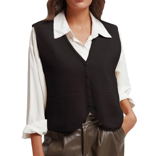 Image of Wowcarbazole Women's Cropped Sweater Vest Sleeveless V Neck Button Down Casual Knit Cardigan Vest Trendy Knitted Tank Tops