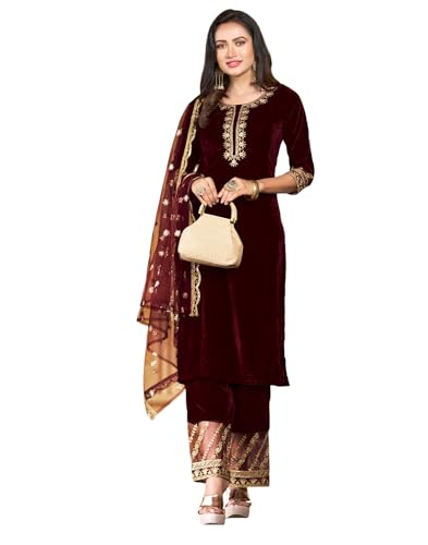 Image of SKYLEE Velvet Embroidery Straight Kurta Set with Dupatta