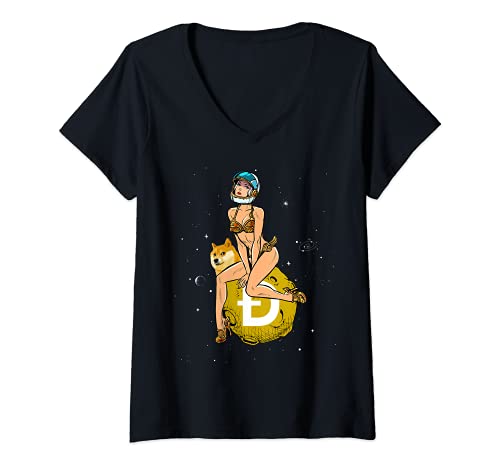 Mujer Cryptocurrency Pin-up Girl Hodling Dogecoin Doge Crypto Moon Camiseta Cuello V