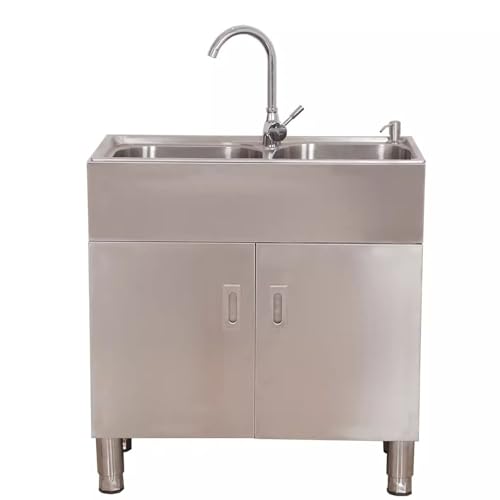 Evier INOX Meuble Lavabo à Cuve Double 76 * 41 * 79cm, Évier Utilitaire Autoportant avec Égouttoir, Robinet, Tuyau De Vidange pour Cuisine, Restaurant, Garage, Jardin, 2 Bac
