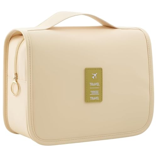 Bolsa Necessaire Maquiagem Cosméticos Viagem Com Divisória e Cabide para Pendurar Organizador de Maquiagem Shampoo Perfumes Higiene Pessoal (Bege)