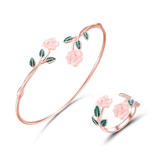 XFSRG Parure Gioielli da Donna 18K Placcato Oro Acciaio Set di Bacciale e Anello Rosa Inossidabile Fortunato Set Di Gioielli Per Mamma...