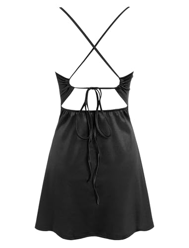 Image of ZAFUL Women's Satin Sleeveless Spaghetti Strap Mini Dress Sexy Slip Cowl Neck Silky Cocktail Party Dresses