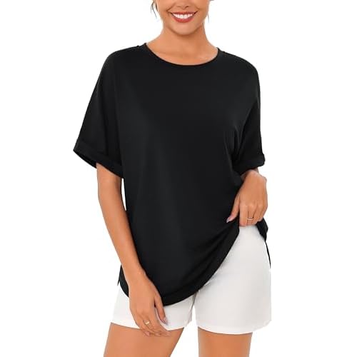Totatuit Women Oversized Tshirts Casual Crew Neck Rolled Short Sleeve Basic Tee Shirts Cute Loose Summer Tops Workout Clothes Black Medium