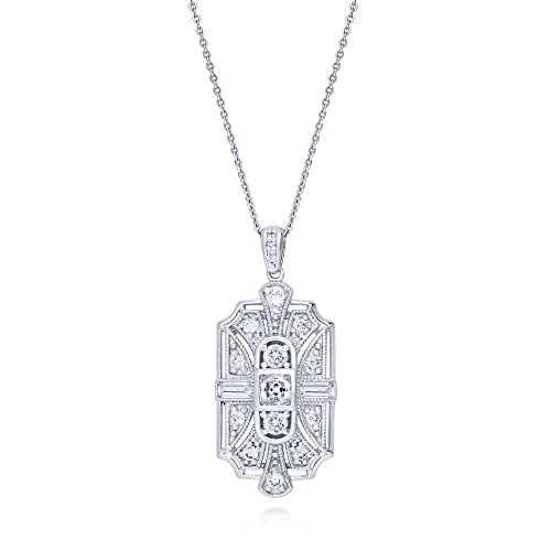 BERRICLE Sterling Silver Vintage Inspired Art Deco Cubic Zirconia CZ Milgrain Pendant Necklace for Women, Rhodium Plated 18 inch