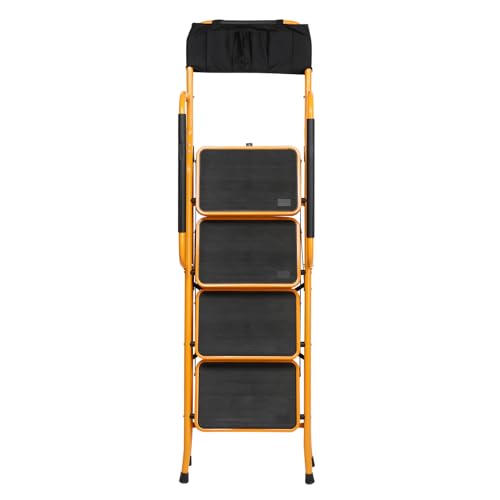 Image of 4 Step Ladder with Handrails Folding Step Stool with Attachable Tool Bag & Anti-Slip Wide Pedal, Ladders for Home Kitchen Pantry Office, 330 lb Sturdy Steel Ladder for Adults Portable, Yellow