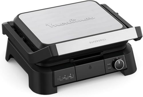 Moulinex SuperGrill 3en1   Grill de contacto, plancha y paninis, interior/exterior, 2000W, termostato regulable, 3 alturas, modo barbacoa, placas antiadherentes y extraíbles, GI510DF0