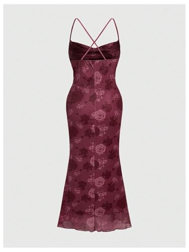 Image of SOLY HUX Women's Floral Mesh Bodycon Cami Dress Cowl Neck Sleeveless Cocktail Party Wedding Guest Long Maxi Dresses