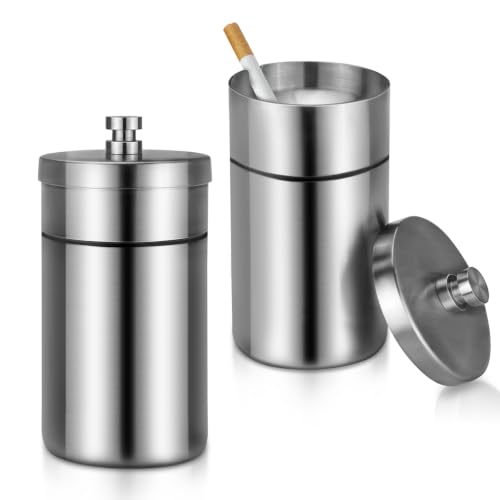 Image of Car Ashtray with Lid Smell Proof Stainless Steel Portable Ash Tray for Car Cup Holder Detachable Windproof Extinguished Cigarette Bucket for Outdoor Home Office (Silver 2Pack)