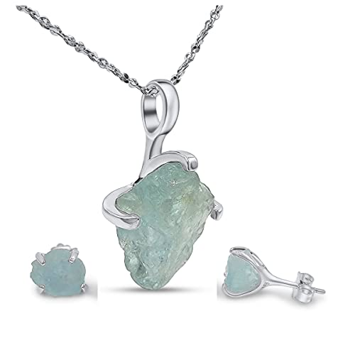 Real raw aquamarine jewelry set with 925...