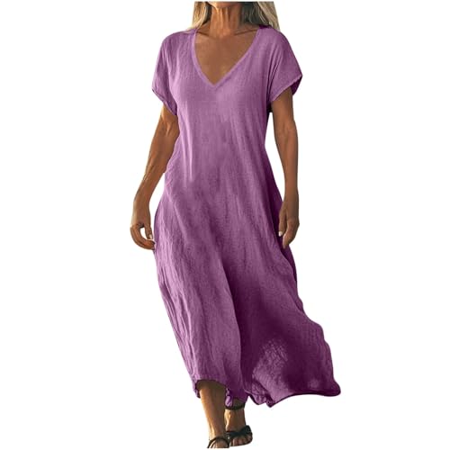 AACH Strandkleid Damen Lang Sommerkleider Elegant Kurzarm Freizeitkleid Lose Boho Maxikleid V-Ausschnitt Kleider Baumwolle Leinen Kleid Einfarbig...