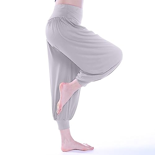 Elogoog Calça feminina harém plus size yoga hippie boho calça de praia folgada cintura alta verão bo