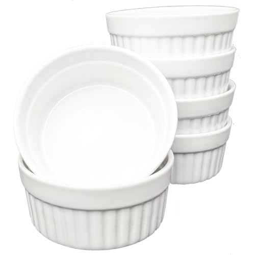 Muvell Lot de 6 bols à crème brûlée | Plat à gratin blanc | Moules à soufflé – Petit bol à dessert de 380 ml | Passe au four et au lave-vaisselle | Bol à snack / à raclette, bols à glace