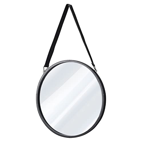 Floralcraft Round Wall Mirror 50cm – Black Metal Hanging Mirror with Leather Strap, Ready to Hang, Modern Decorative Mirror for Hallway, Bedroom & Living Room