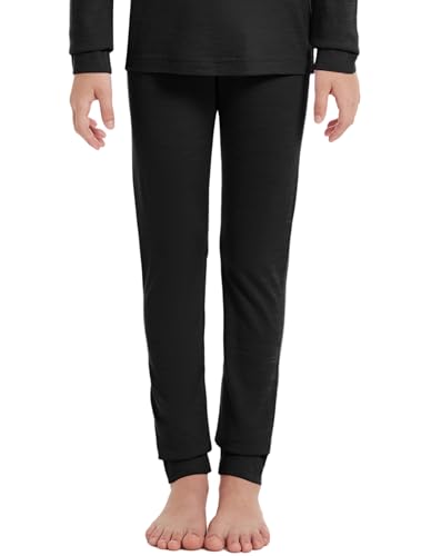 woolcano Kids' Merino Wool Base Layer Bottoms, Thermal Leggings for Girls & Boys, Unisex Winter Underwear Black 7-8