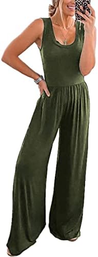 PRETTYGARDEN Women’s Summer Sleeveless Tank Jumpsuits High Waist Low Cut Casual Scoop Neck Fit And Flare Long Pants Rompers(Army Green, Medium)