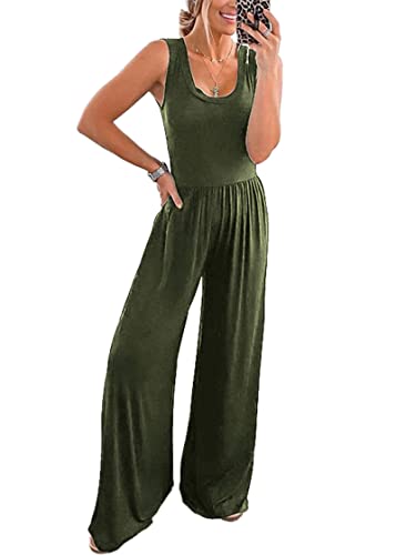 Prettygarden Women’s Summer Sleeveless Tank Jumpsuits High Waist Low Cut Casual Scoop Neck Fit And Flare Long Pants Rompers(Army Green, Medium) #TOP3