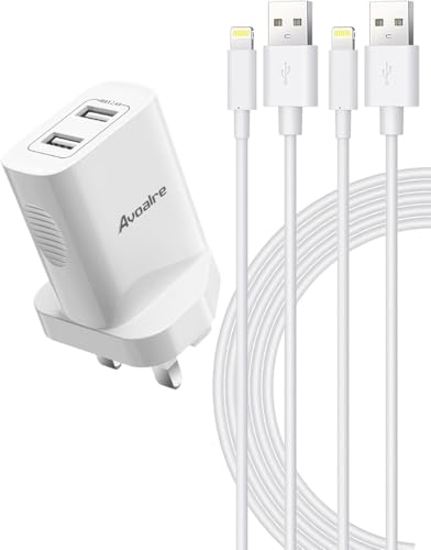 Avoalre iPhone/iPad Charger Plug with 2x 2M USB Lightning Cables, Wall Charging Plug UK Power Adapter for iPhone SE 2020, 11, 12, X, XR, XS, 8, 7 Plus, 6S, iPad - MFi Certified