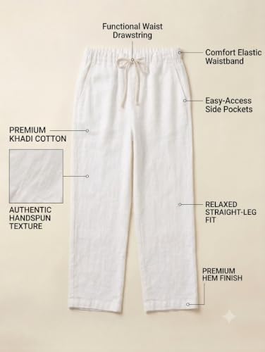 Image of White Khadi Cotton Men's Pajama Pants Size 32 | Elastic Waistband, Drawstring Closure, Relaxed Straight-Leg Fit, Side Pockets, Handspun Texture