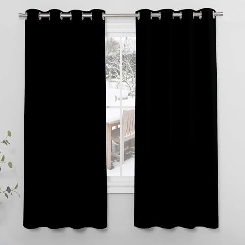 NINGBAI Cortinas y Visillos Blancos 2 Piezas 220 x 70 cm Cortinas Termicas Aislantes Frio y Calor Cortinas Blackout Cortinas Salon Modernas para Ventanas Sala para Niños Sala Cuarto Baño, Negro