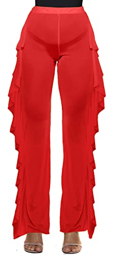 Women's Perspective Sheer Mesh Ruffle Pants Swimsuit Bikini Bottom Cover up (Red, S)