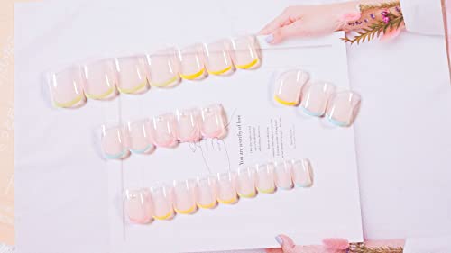 Rainbow French Tip Fake Nails Short Press On Nails Transparent Full Cover False Nails With Pearl Designs Glossy Stick On Nails Cute French Acrylic Nails For Women And Girls #TOP1