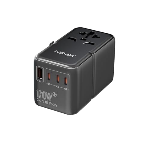 MINIX 170W Universal Travel Adapter GAN III Travel Adapter Worldwide with 3 USB C & 1 USB A Ports, International Power Adapter Compatible with US/UK/EU/AU for Laptops, Tablets, Phones, Cameras