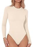 QINSEN Womens High Neck Bodysuit Seamless Basic Long Sleeve Shirt Top Beige M