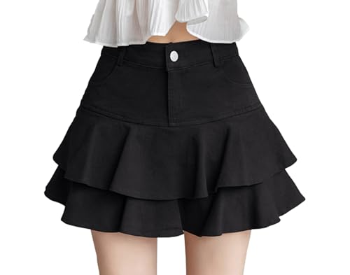 SHSEMO Women's Ruffle Multi-Layer Denim Skirt Casual A-Line Ruffle Y2K Mini Denim Skirt (US, Alpha, X-Large, Regular, Regular, Black)