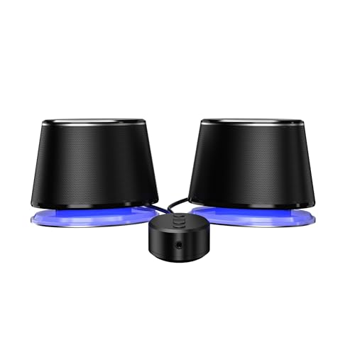 Vista lateral de los altavoces Bluetooth con luz azul, mostrando detalles de diseño y control remoto, perfectos para computadores
