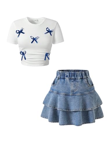 Afsmlys Tween Girl Clothes Summer 2 Piece Outfit Trendy Bow Knot T-Shirt + Denim Skirt Teen Girl...