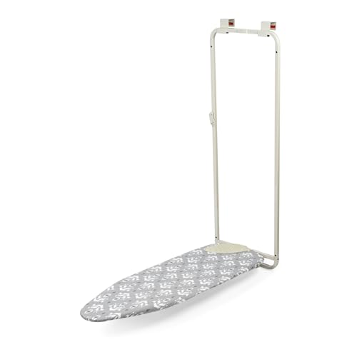 Image of Beldray Overdoor Ironing Board – Foldable Door Mounted Iron Board with Cover, Thick Felt Underlay, Compact, Silicone Iron Rest Pad, Cushioned Hooks, Non-Scratch, Space Saving, 110 x 33 cm, Grey