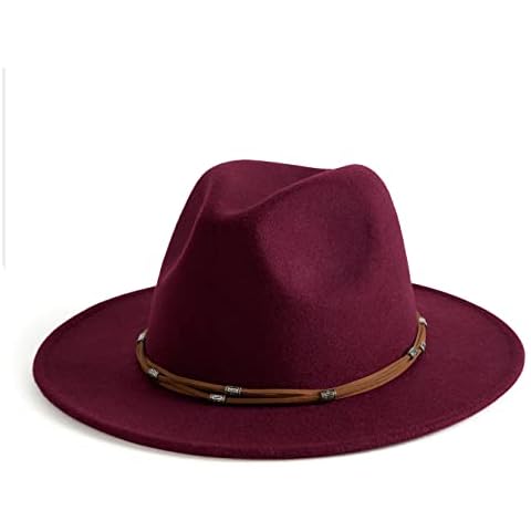 EOGIMI Vintage Women Wide Brim Fedora Belt Buckle Panama Hat Felt Dress Hat, Burgundy, M Cover