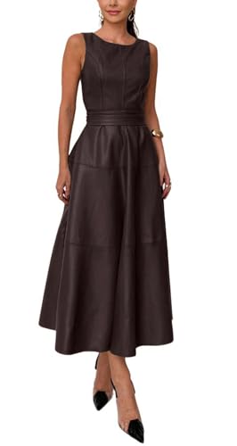 CHARTOU Women PU Faux Leather Sleeveless Elegant Flowy Long Dress Party Night Out Dress with Belt (Medium, Coffee)