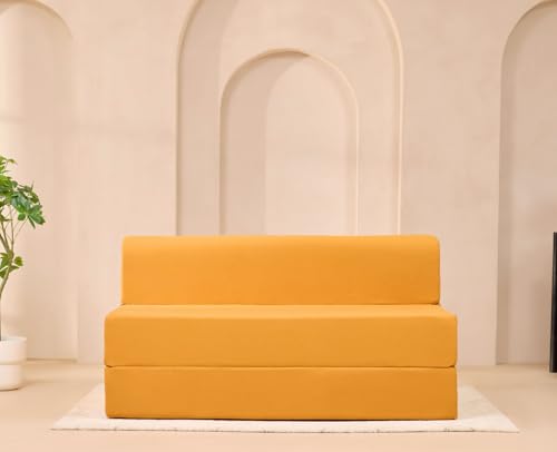 Image of uberlyfe Xtra High, Xtra Soft 3 Seater (6' x 6') Sofa Cum Bed | 1 Year Warranty | 17 inch Sofa Height | King Size Foldable Bed | Plush Pure Cotton Fabric | Mango Yellow Color