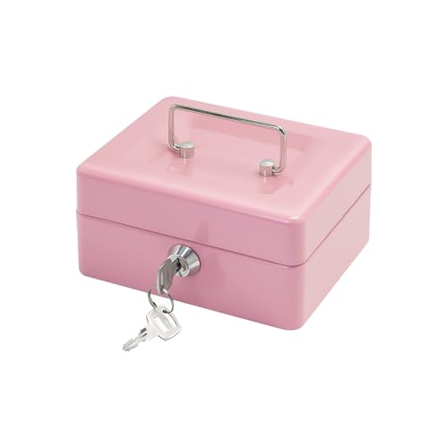 Steel Cash Box with Key Lock, Metal Small Money Organizer with Money Tray,Cash Storage Box with Lockable Cover (Pink - 5.9' x 3.1' x 4.7')