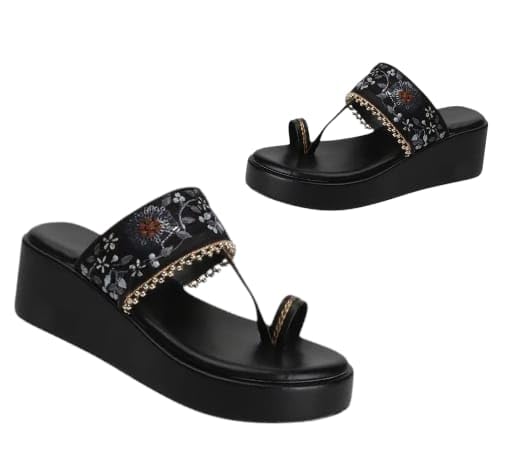 Women's Platform Wedge Sandals with Floral Print and Chain Detail, (Black, UK Footwear Size System, Adult, Women, Numeric, Medium, 5)-image-20